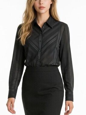 East 5th Button Down Satin Stripped Black Shirt Womens Sz XL